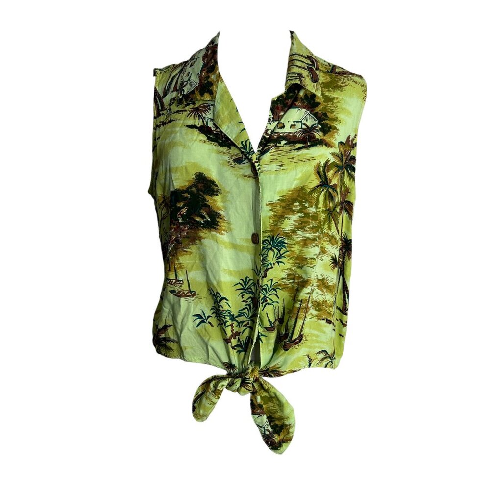 Holly Lane Women's Sleeveless Tie-Front Tropical Print Blouse